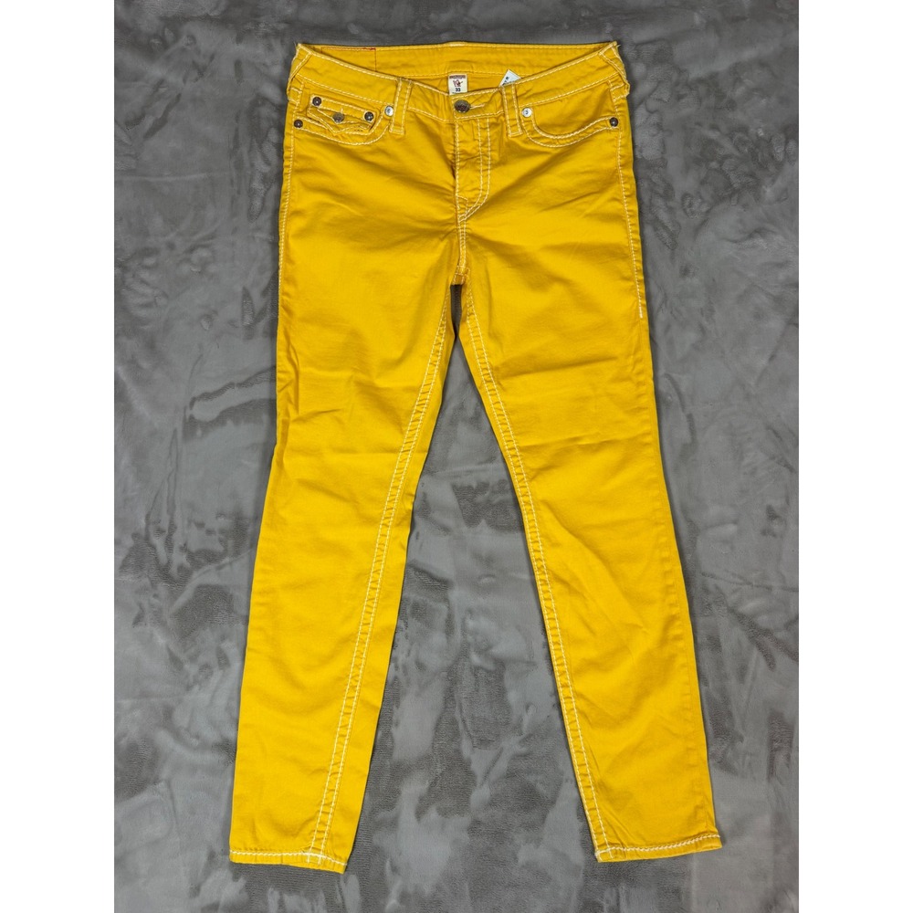 True Religion Super Skinny Yellow Jeans White Big T Stitching Mens Size 33